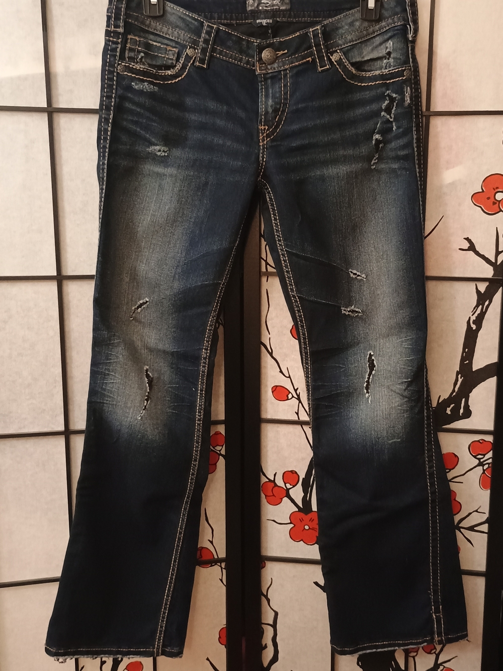 Silver Jeans Women's Dark Blue Distressed Flare Jeans